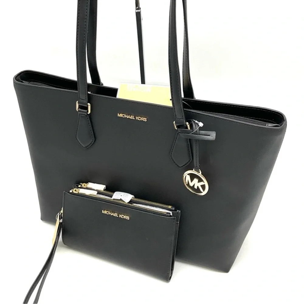 Michael Kors Bag Large Sheila Mf Tote Bag & Large Double Zip Wallet Black/Gold - Picture 12 of 15